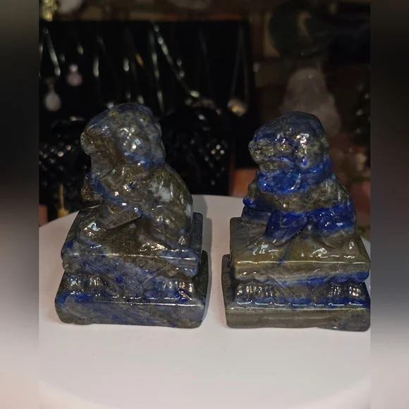 Lapis lazuli Crystal Chinese Foo Dog Carving Set - Picture 3 of 11